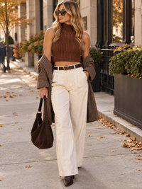 ENTRO WOMEN'S SLEEVELESS TURTLE NECK RIBBED KNIT CROP TOP