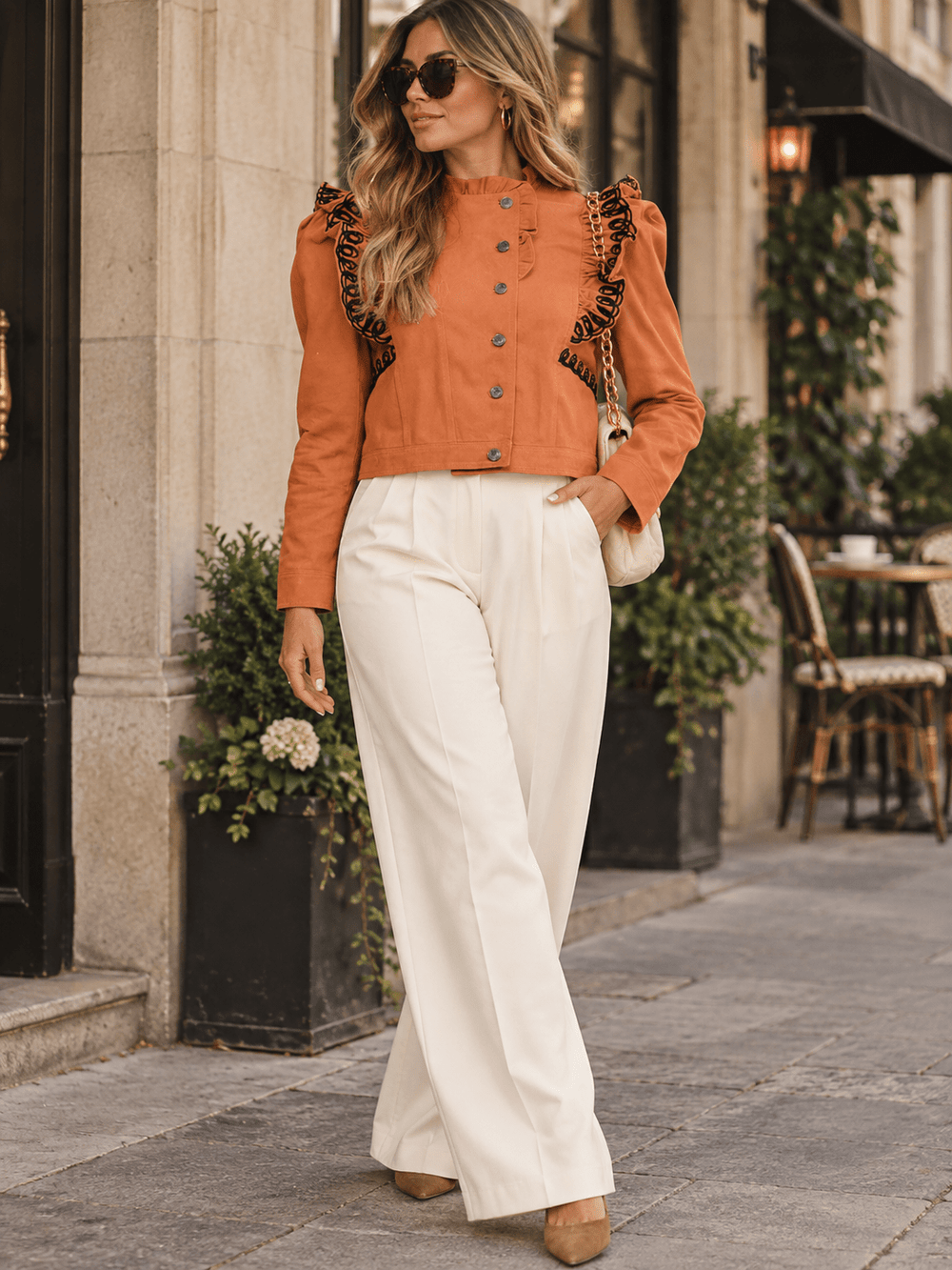 WOMEN'S LONG SLEEVE BUTTON UP RUFFLE EMBROIDERY DETAILED JACKET