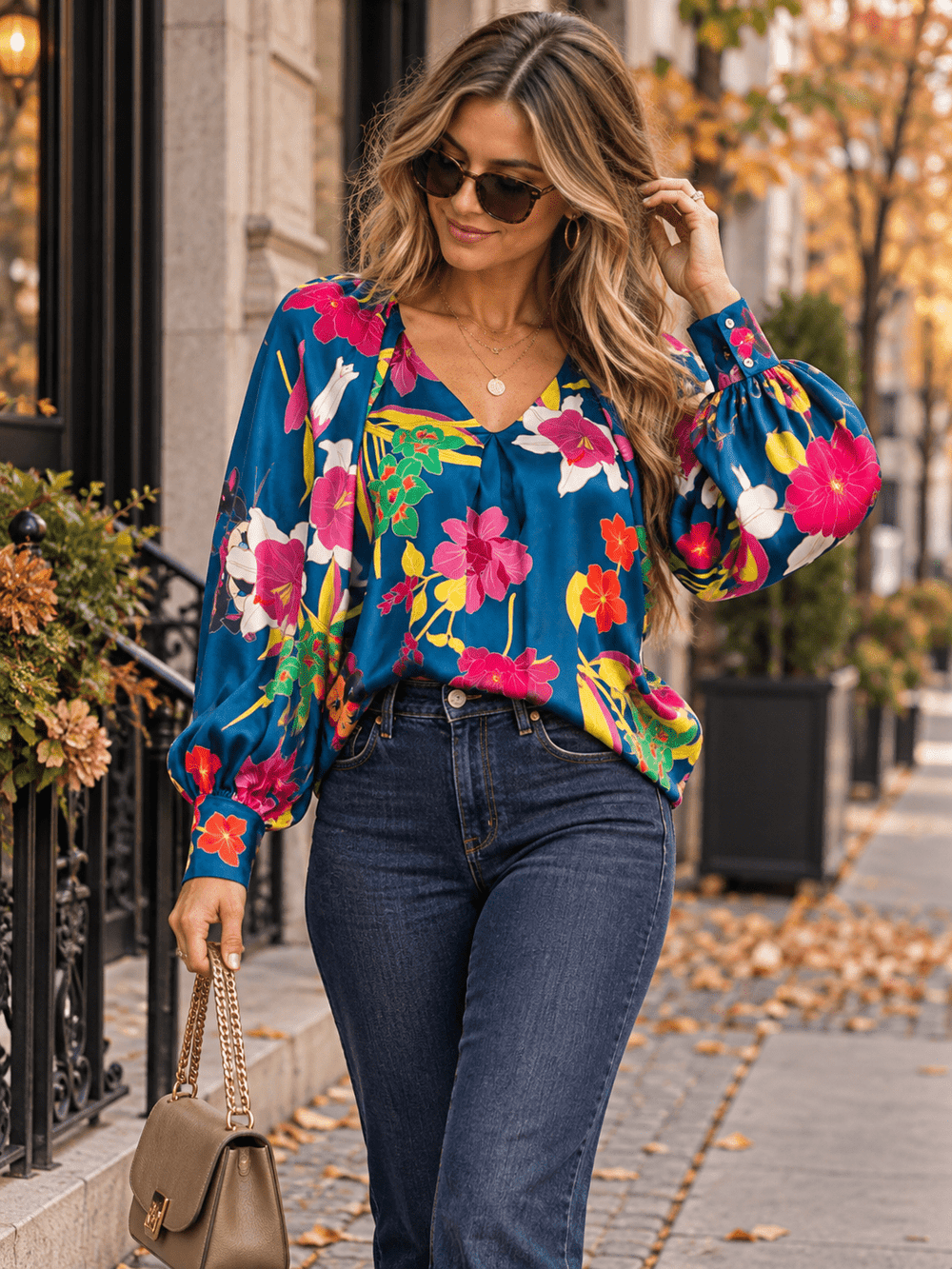 WOMEN'S LONG SLEEVE V-NECK FLORAL PRINT BLOUSE