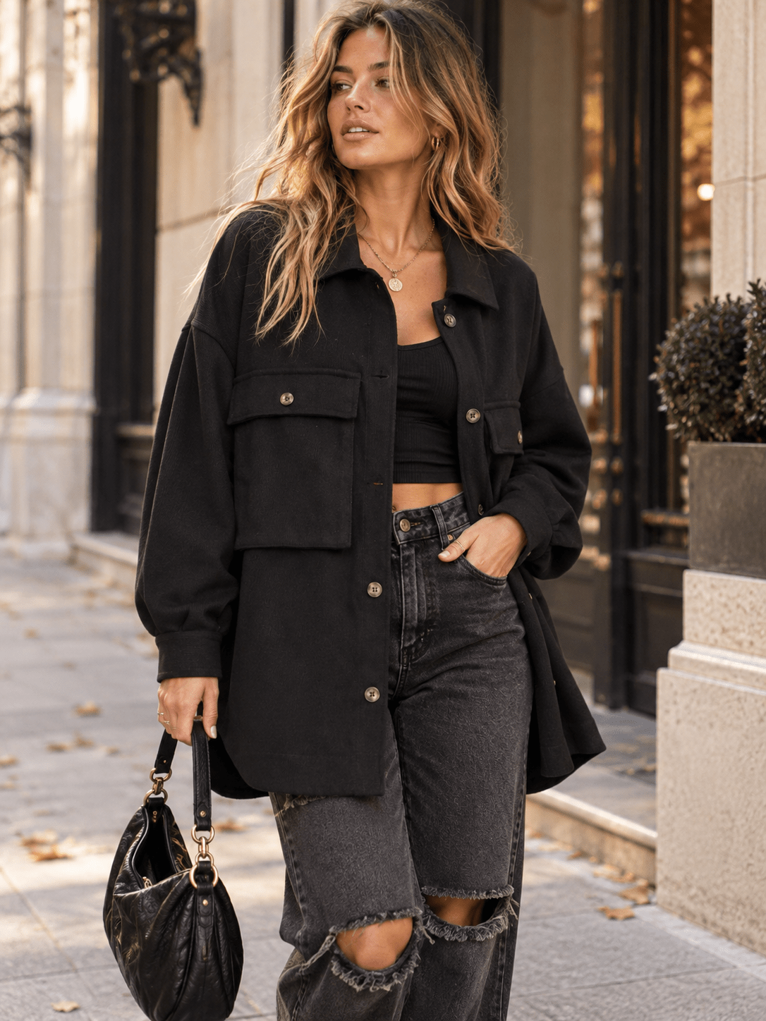 WOMEN'S LONG SLEEVE BUTTON UP FRONT POCKETS JACKET