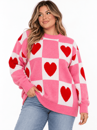 PLUS SIZE LONG SLEEVE HEARTS GRAPHIC PULLOVER SWEATER
