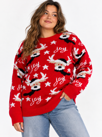 PLUS SIZE LONG SLEEVE HOLIDAY PRINT JOY PULLOVER SWEATER