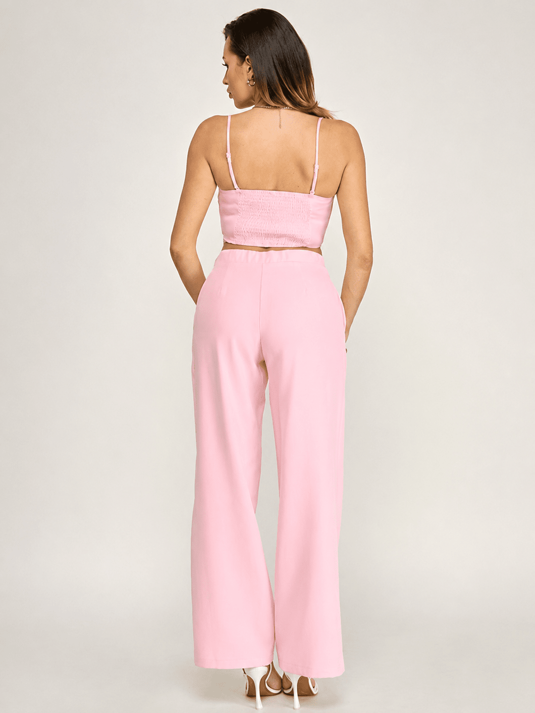 WOMEN'S SLEEVELESS SMOCK CROP TOP & BUTTON CLOSURE POCKETS WIDE LEG PANTS 2PC. SET