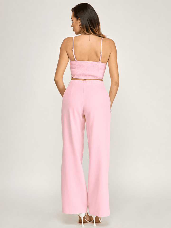 WOMEN'S SLEEVELESS SMOCK CROP TOP & BUTTON CLOSURE POCKETS WIDE LEG PANTS 2PC. SET