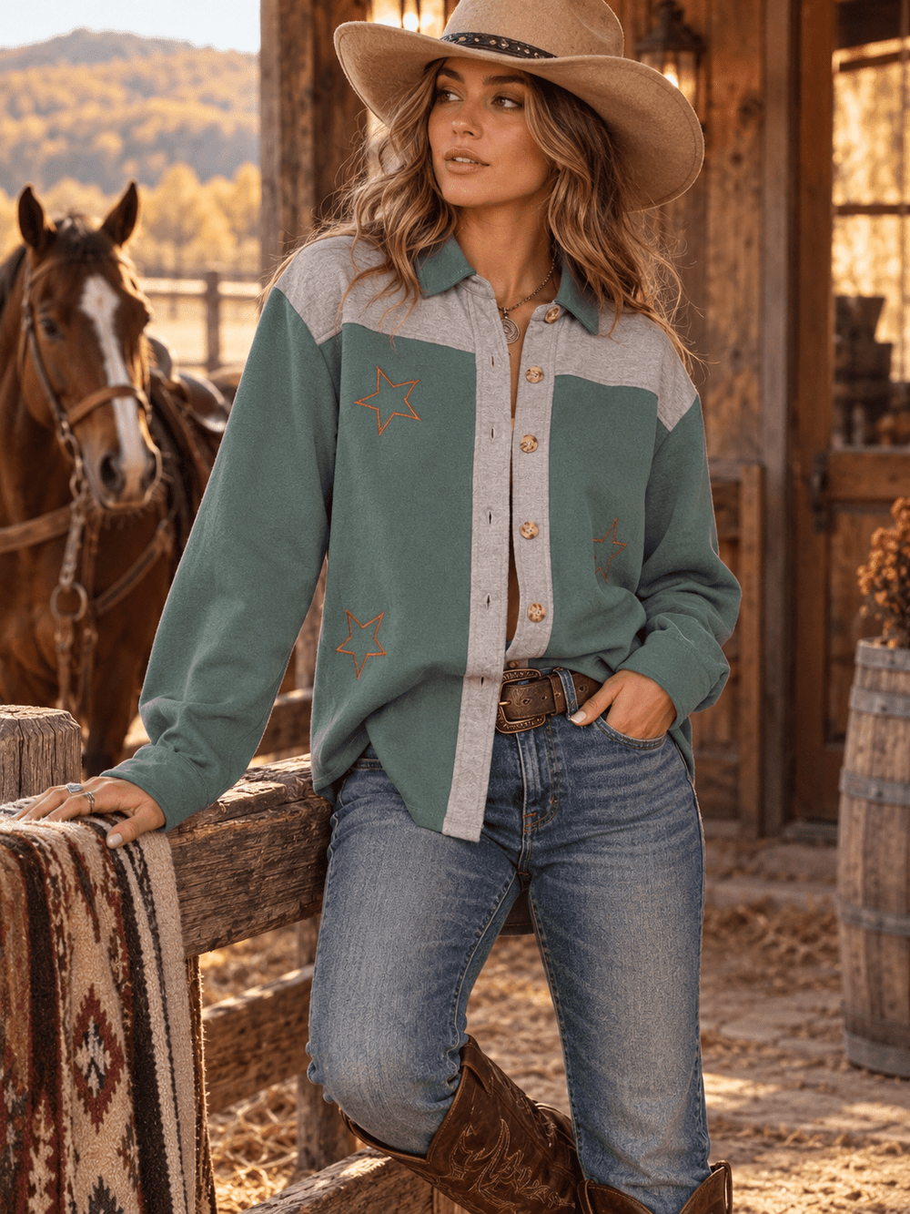WOMEN'S LONG SLEEVE BUTTON UP COLORBLOCK STARS PRINT SHIRT