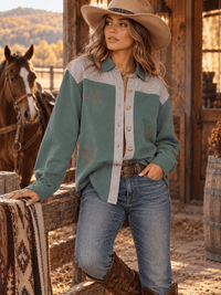 WOMEN'S LONG SLEEVE BUTTON UP COLORBLOCK STARS PRINT SHIRT
