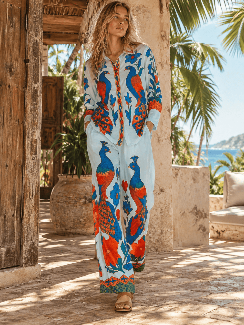 HALFHEART WOMEN'S LONG SLEEVE BUTTON UP TOP & ELASTIC WAIST WIDE LEG PANTS MULTI PRINT 2PC. SET