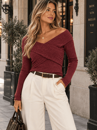 WOMEN'S LONG SLEEVE SURPLICE RIBBED BLOUSE