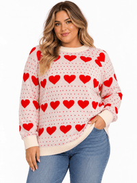 PLUS SIZE LONG SLEEVE HEARTS GRAPHIC PULLOVER SWEATER