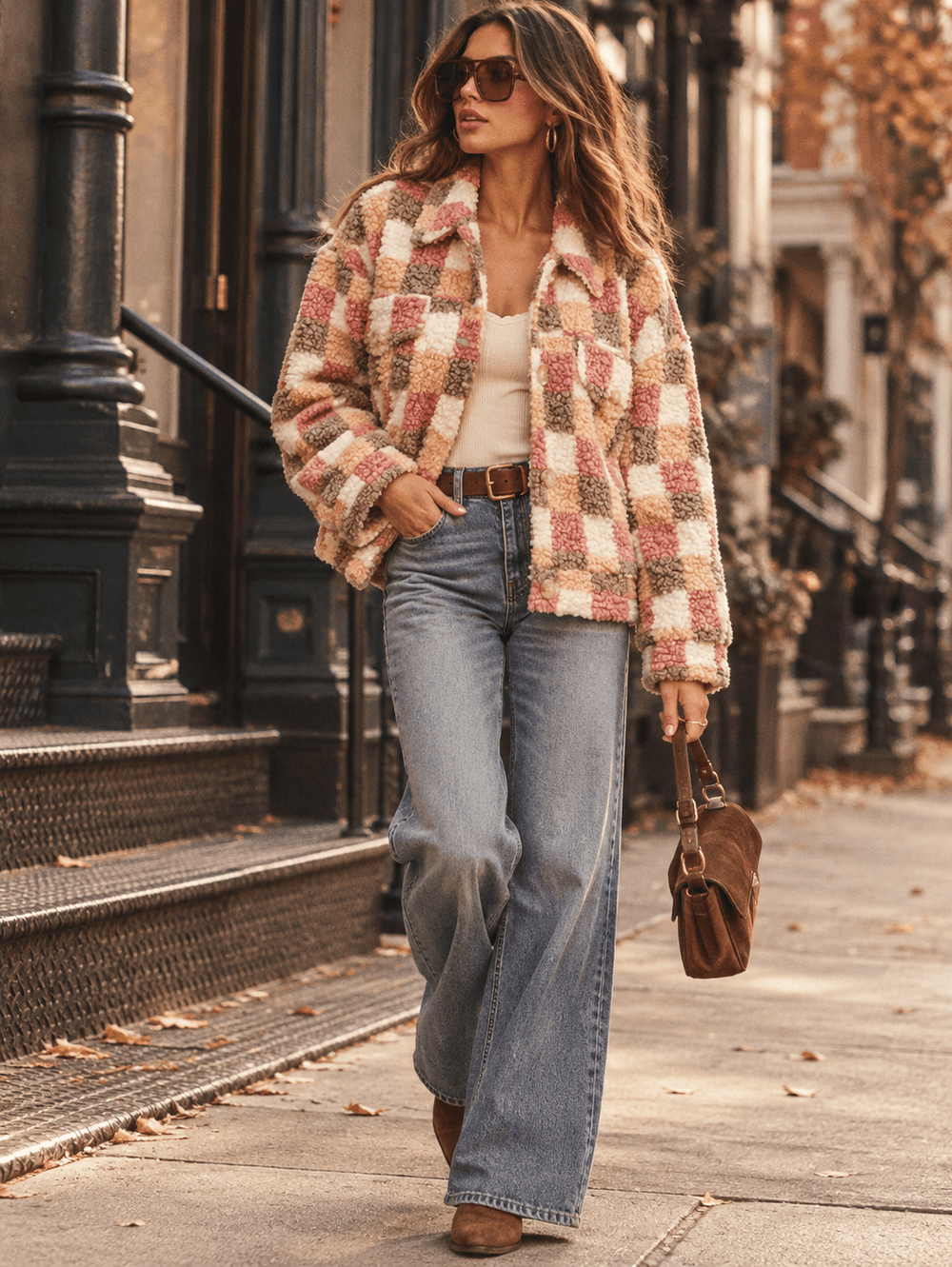 WOMEN'S LONG SLEEVE BUTTON CLOSURE FRONT POCKET PLAID SHERPA JACKET