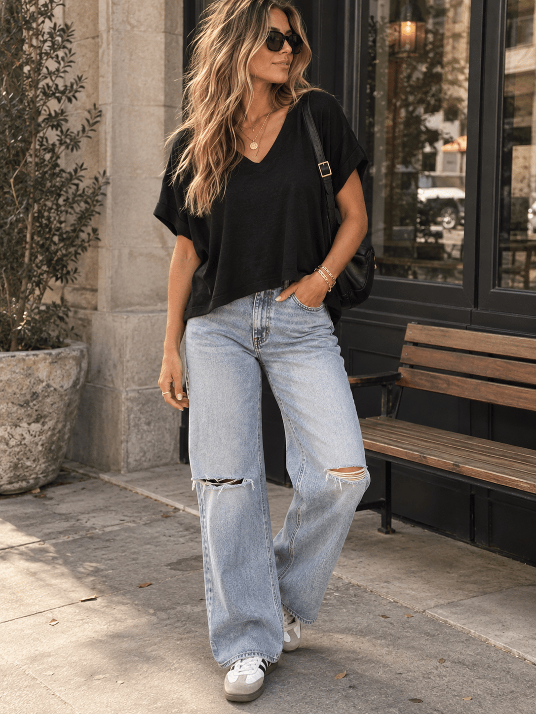 ENTRO WOMEN'S SHORT SLEEVE V-NECK LOOSE FIT SOLID TOP