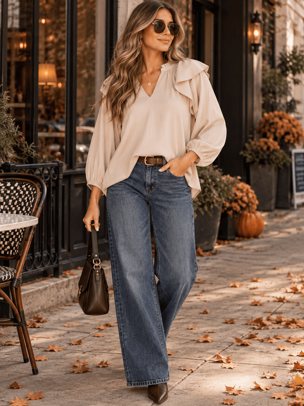 ENTRO WOMEN'S 3/4 SLEEVE V-NECK RUFFLE BLOUSE
