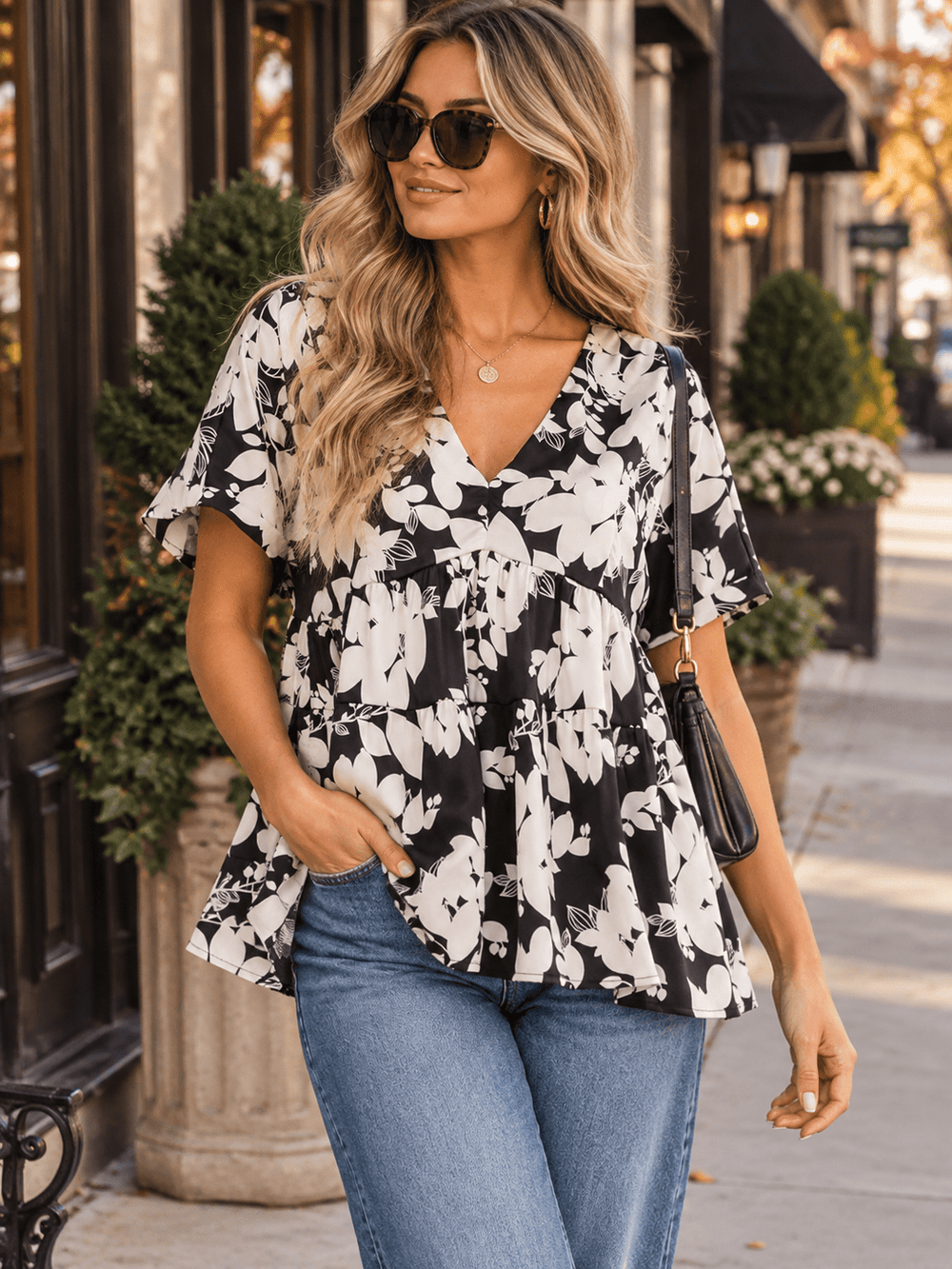 WOMEN'S SHORT SLEEVE V-NECK TUNIC FLORAL PRINT BLOUSE