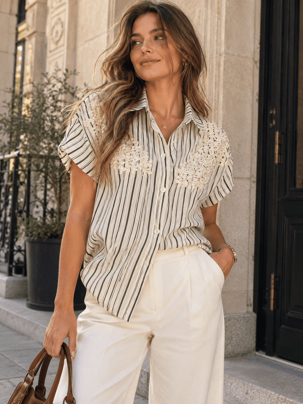 WOMEN'S SHORT SDJUSTABLE SLEEVE BUTTON UP RHINESTONES DETAILED STRIPES BLOUSE