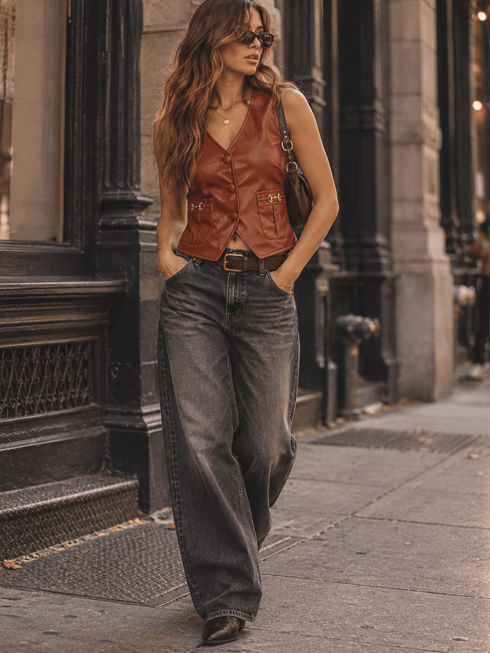 WOMEN'S SLEEVELESS V-NECK FRONT POCKETS BUTTON UP PU PLEATHER TOP