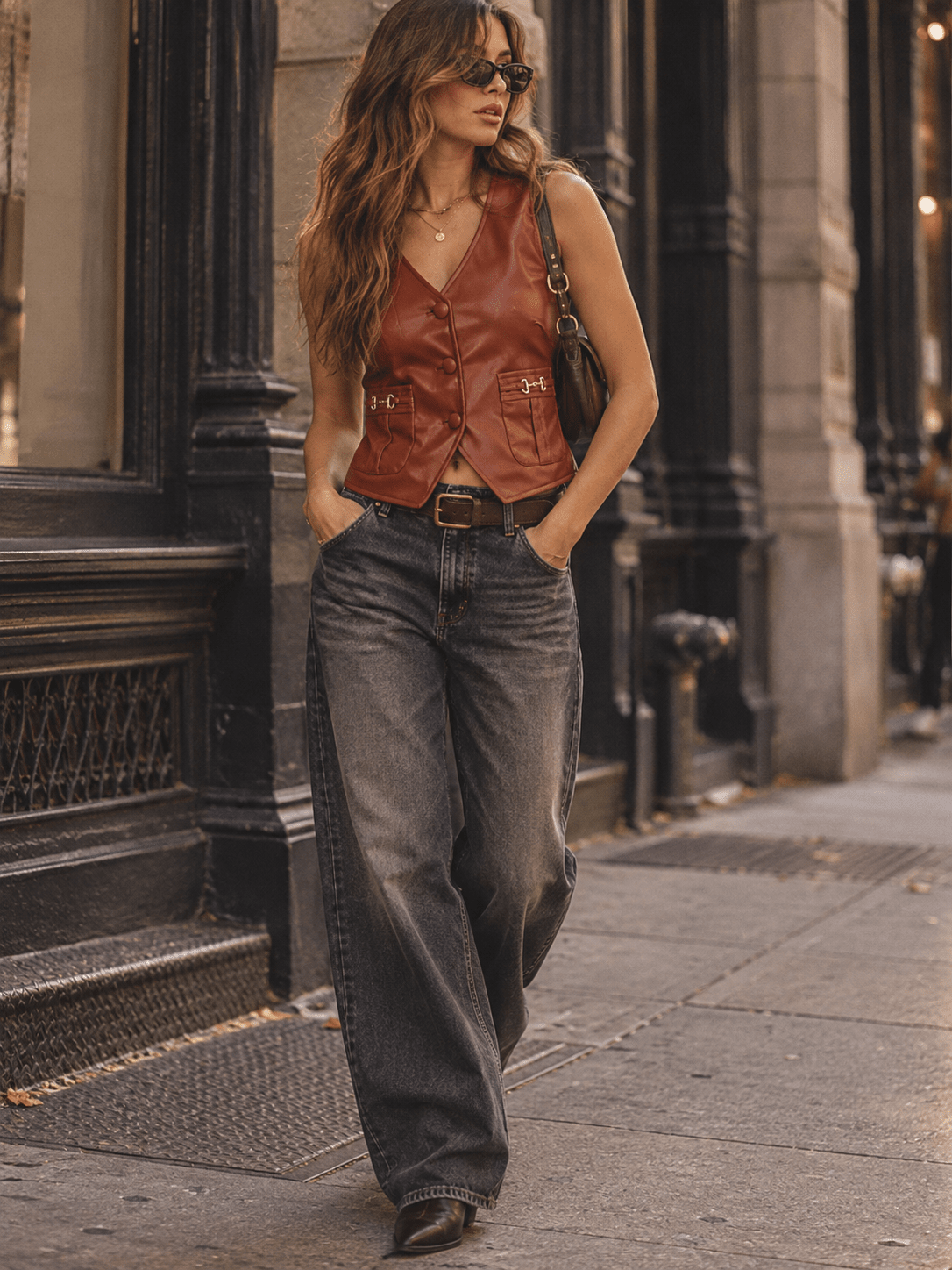 WOMEN'S SLEEVELESS V-NECK FRONT POCKETS BUTTON UP PU PLEATHER TOP