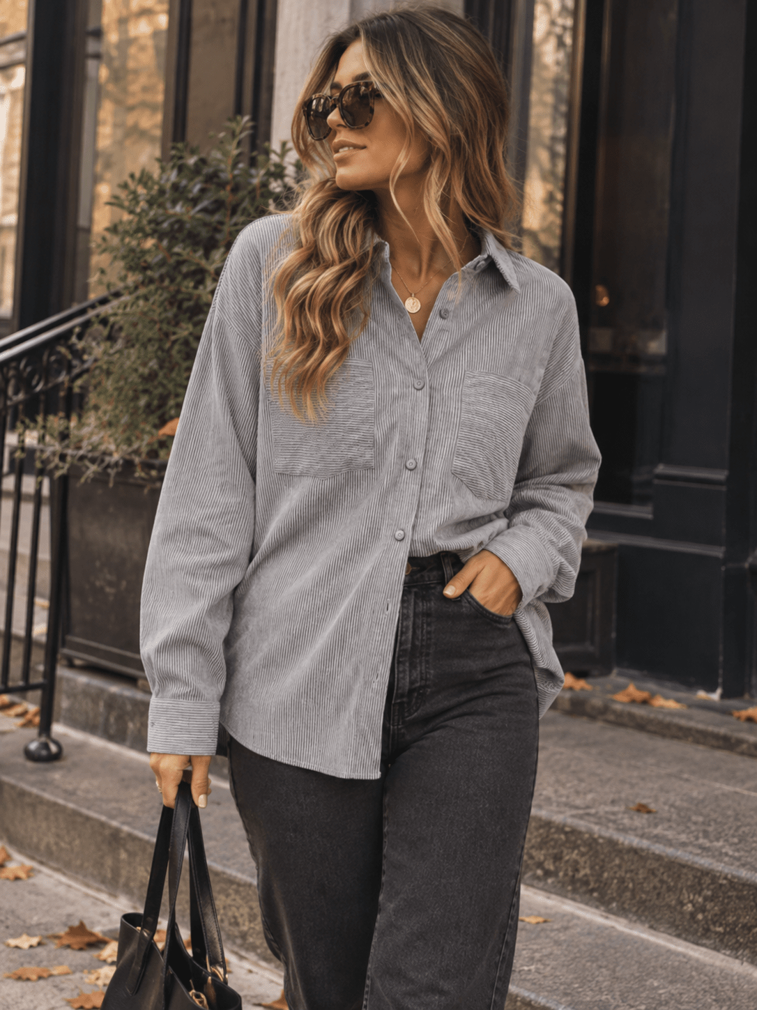 WOMEN'S LONG SLEEVE BUTTON UP FRONT POCKETS STRIPES SHIRT