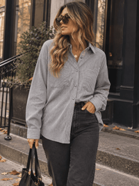 WOMEN'S LONG SLEEVE BUTTON UP FRONT POCKETS STRIPES SHIRT