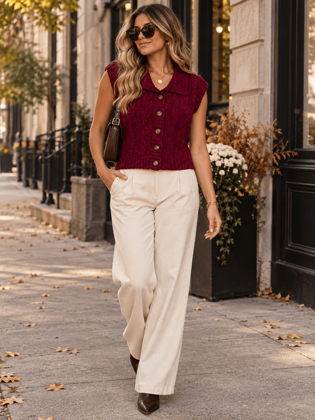 WOMEN'S SLEEVELESS BUTTON UP KNIT SWEATER TOP