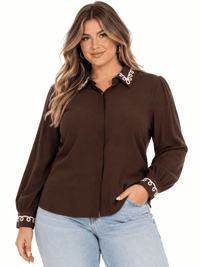 PLUS SIZE LONG SLEEVE BUTTON UP EMBROIDERY TRIM DETAILED BLOUSE