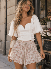 WOMEN'S SHORT PUFF SLEEVE V-NECK SMOCK RUCHED BLOUSE