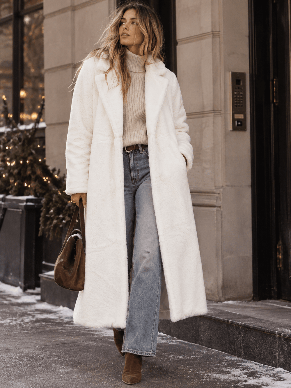 WOMEN'S LONG SLEEVE BUTTON CLOSURE FRONT POCKETS FAUX FUR TRENCH COAT
