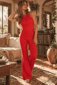WOMEN'S SLEEVELESS TANK TOP & ELASTIC WAIST WIDE LEG PANTS RIBBED 2PC. SET
