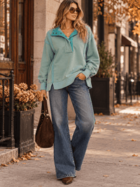WOMEN'S LONG SLEEVE V-NECK BUTTON CLOSURE OVERSIZED PULLOVER SWEATER
