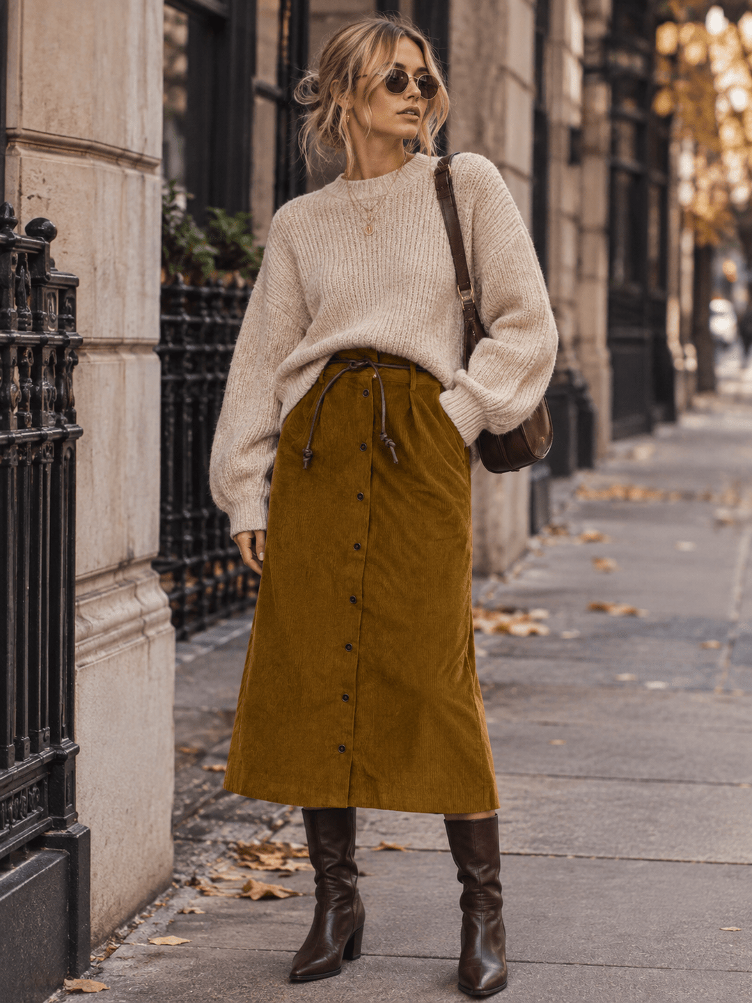 WOMEN'S BUTTON CLOSURE FRONT BELT RIBBED MIDI SKIRT