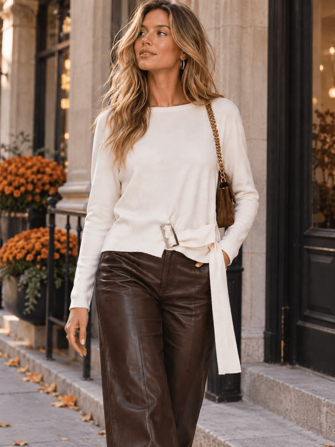 WOMEN'S LONG SLEEVE BUTTON FRONT BELT BLOUSE