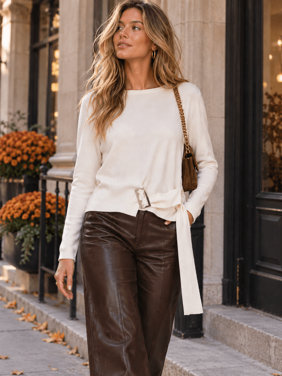 WOMEN'S LONG SLEEVE BUTTON FRONT BELT BLOUSE