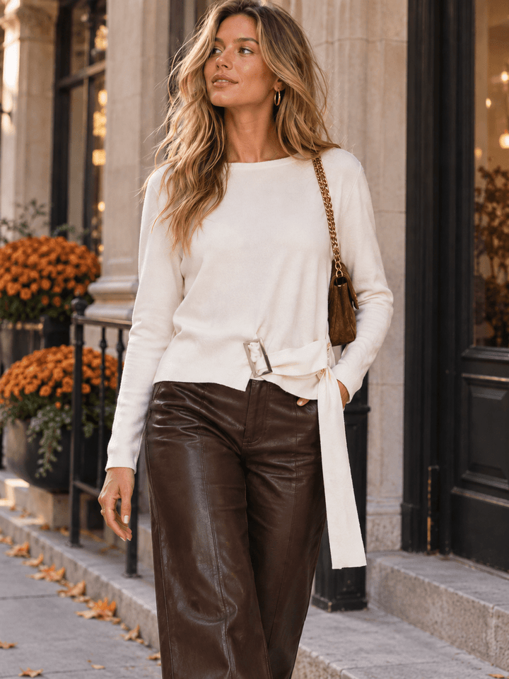 WOMEN'S LONG SLEEVE BUTTON FRONT BELT BLOUSE
