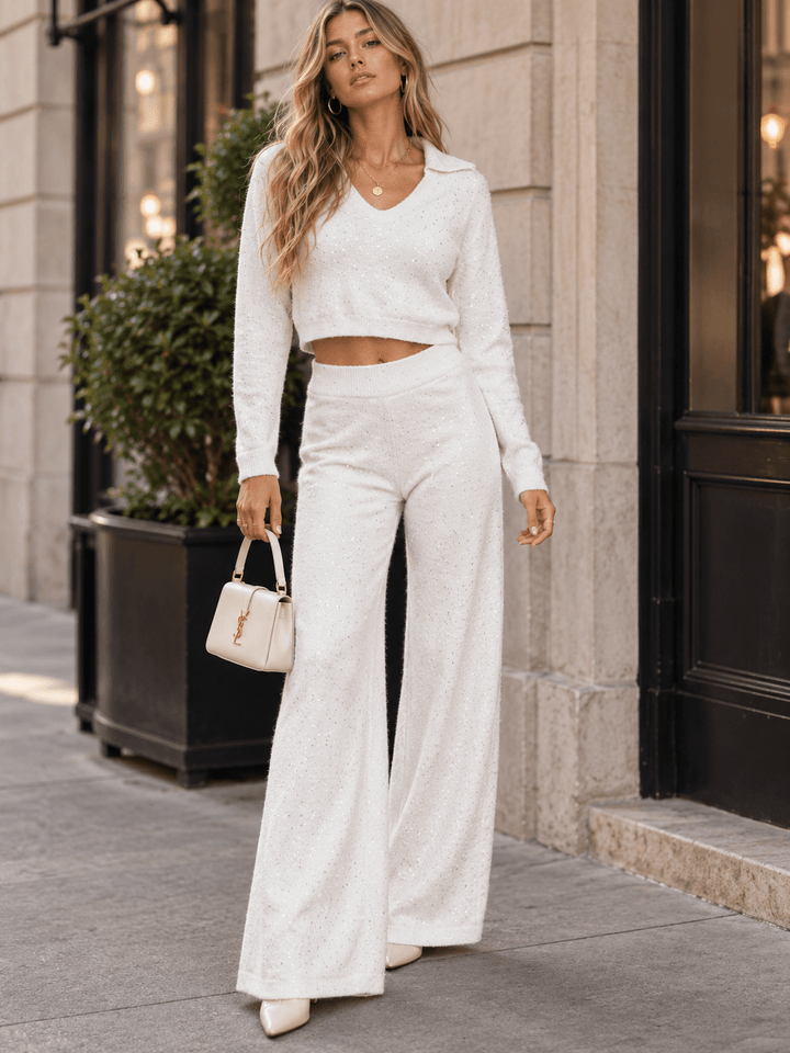 WOMEN'S LONG SLEEVE CROP SWEATER & ELASTIC WAIST PANTS FUZZY SEQUINS 2PC. SET