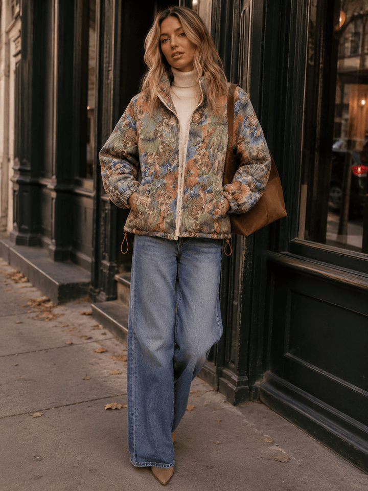 WOMEN'S LONG SLEEVE ZIPPER CLOSURE FRONT POCKETS FLORAL PRINT PUFFER JACKET