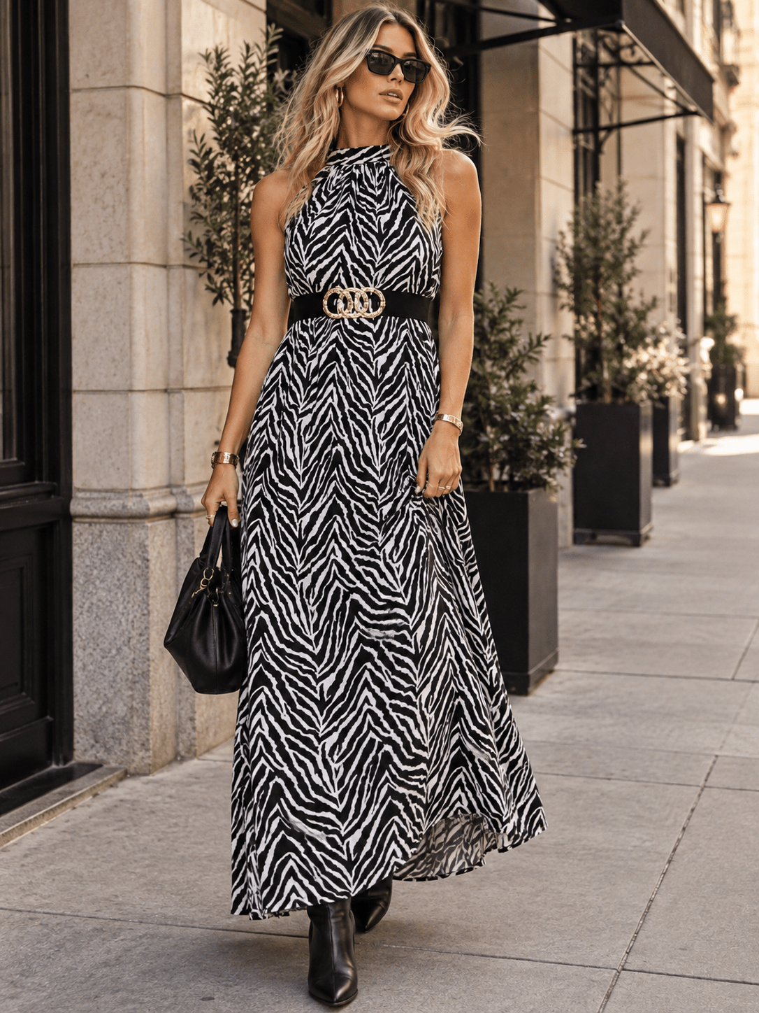 WOMEN'S SLEEVELESS HALTER NECK BELTED ZEBRA PRINT MAXI DRESS