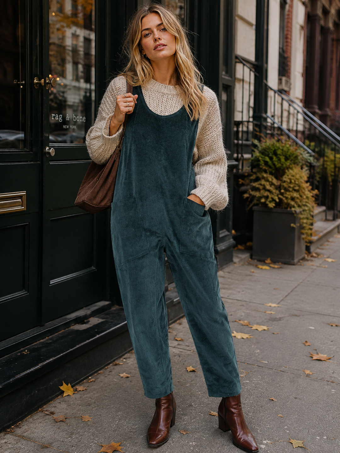 WOMEN'S SLEEVELESS FRONT POCKETS WIDE LEG CORDUROY JUMPSUIT