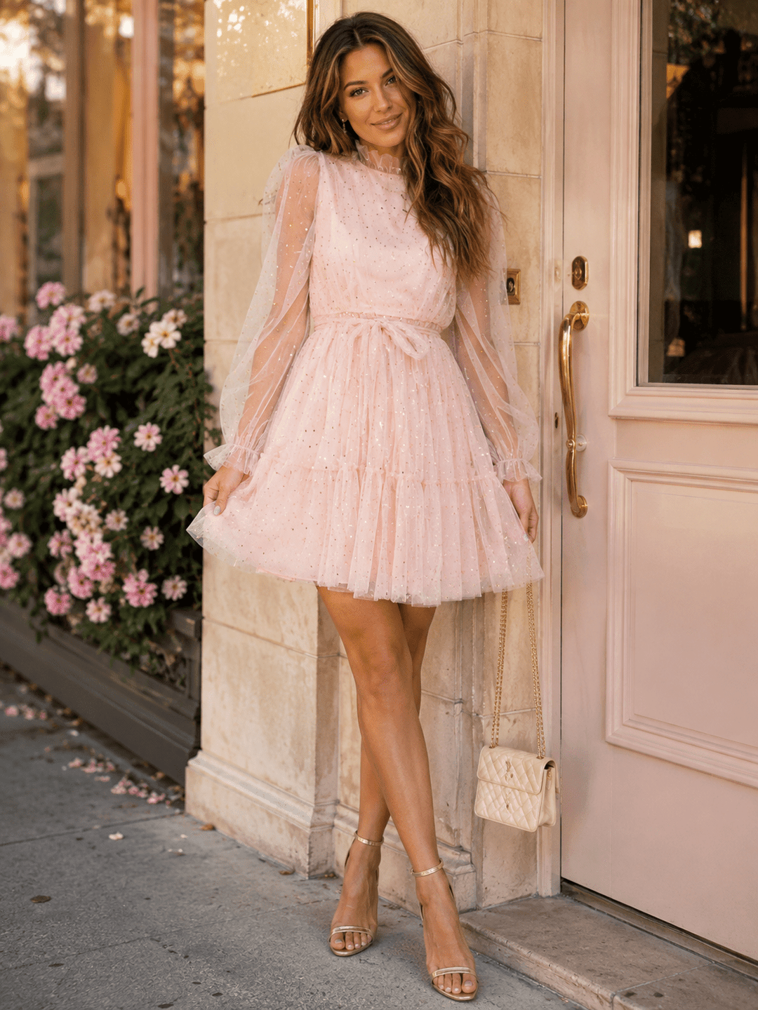 BEULAH WOMEN'S LONG SLEEVE SELF TIE SHIMMER TULLE MINI DRESS