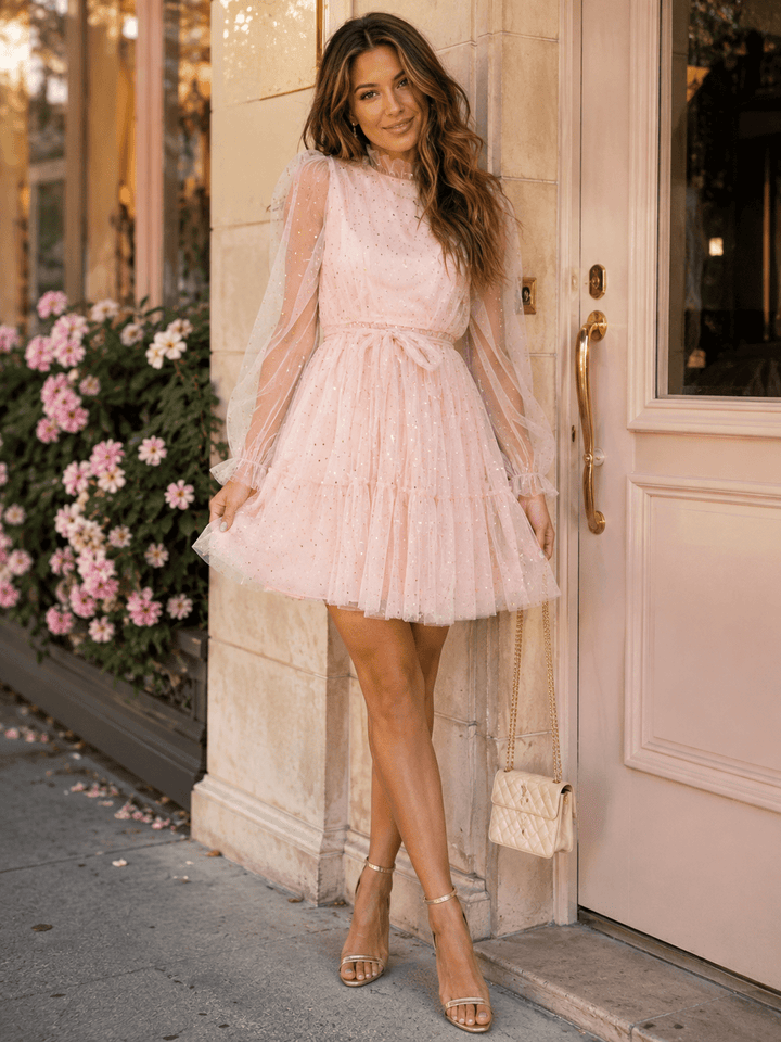 BEULAH WOMEN'S LONG SLEEVE SELF TIE SHIMMER TULLE MINI DRESS