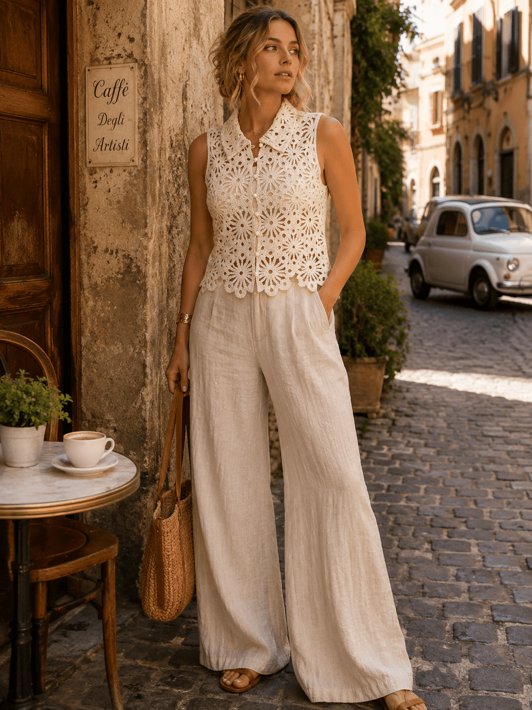 WOMEN'S SLEEVELESS BUTTON CLOSURE CROCHET TOP