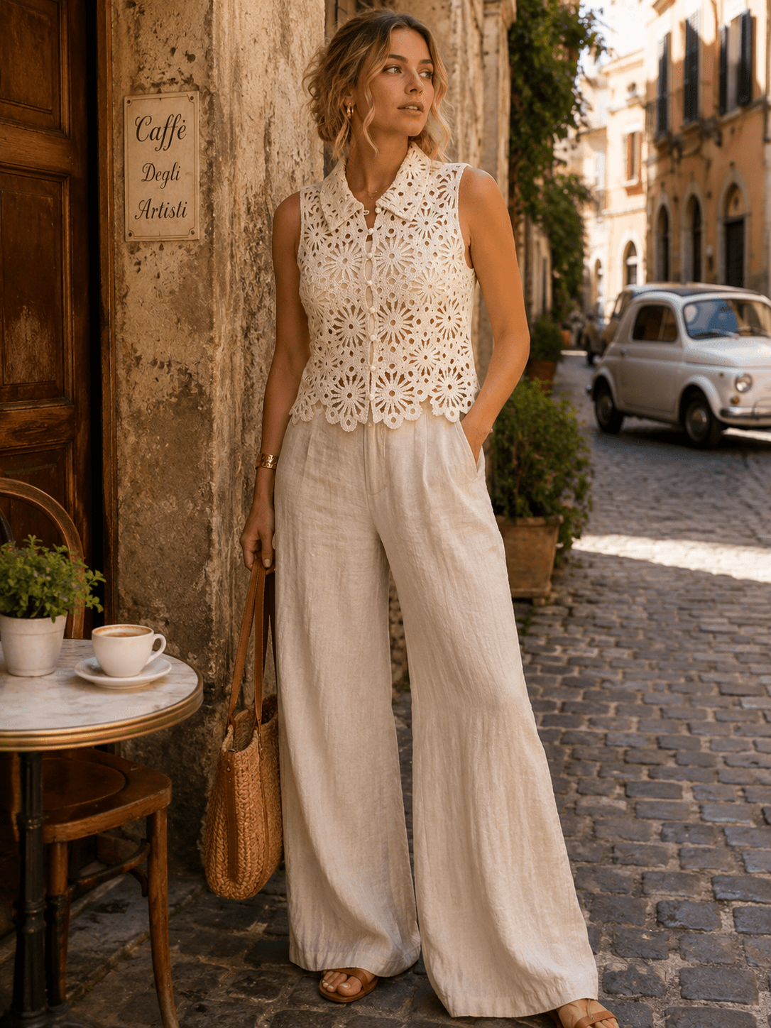 WOMEN'S SLEEVELESS BUTTON CLOSURE CROCHET TOP
