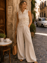 WOMEN'S SLEEVELESS BUTTON CLOSURE CROCHET TOP