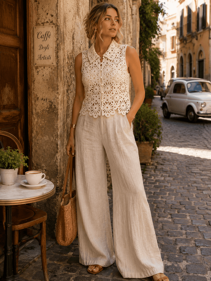 WOMEN'S SLEEVELESS BUTTON CLOSURE CROCHET TOP