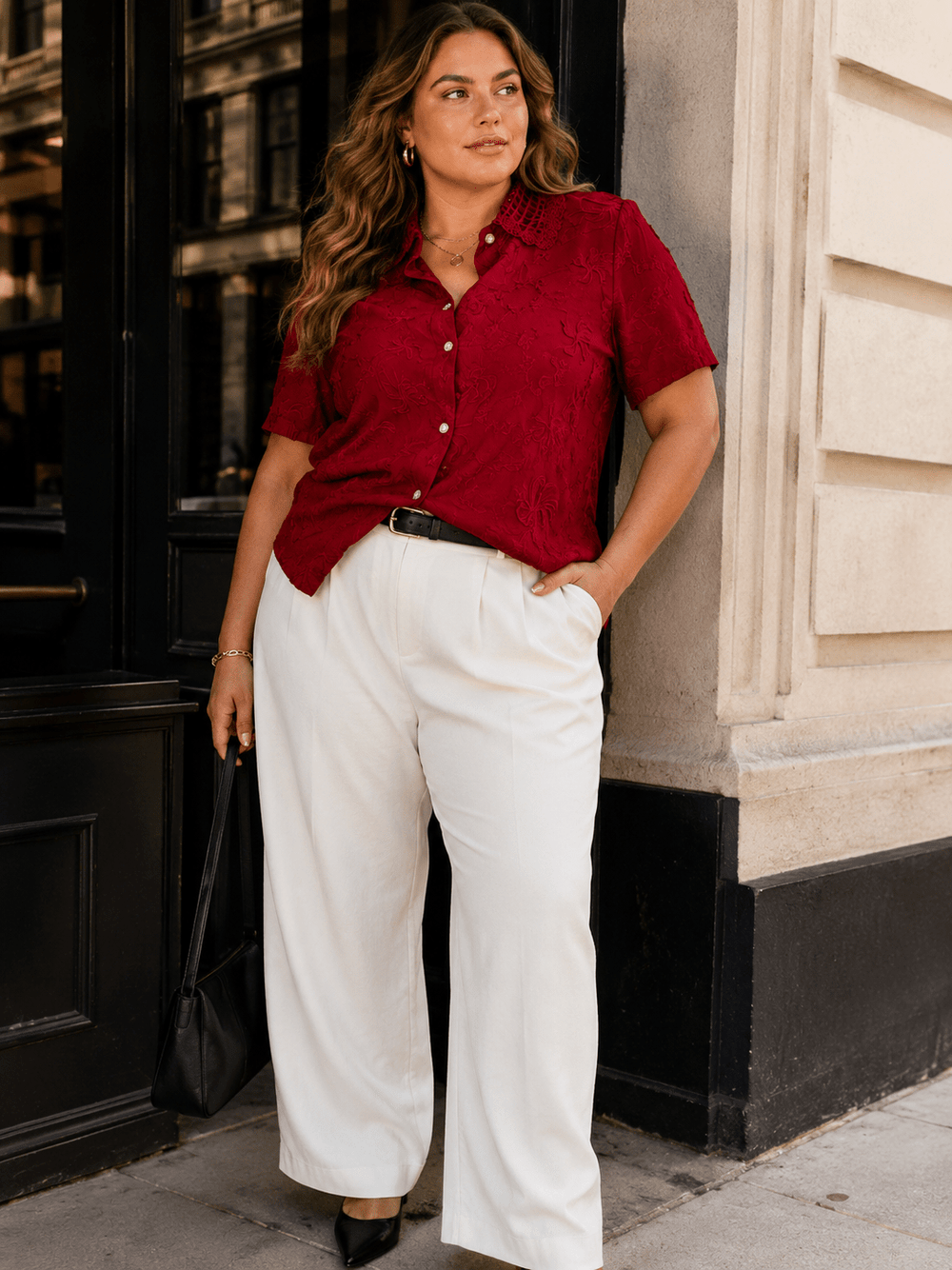 PLUS SIZE SHORT SLEEVE BUTTON UP EMBROIDERY BLOUSE