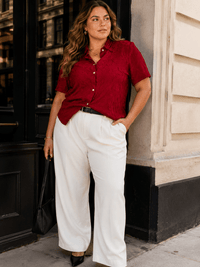 PLUS SIZE SHORT SLEEVE BUTTON UP EMBROIDERY BLOUSE
