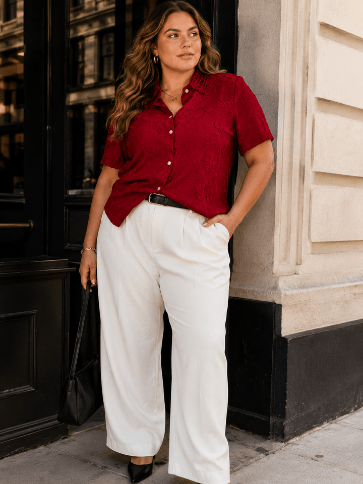 PLUS SIZE SHORT SLEEVE BUTTON UP EMBROIDERY BLOUSE
