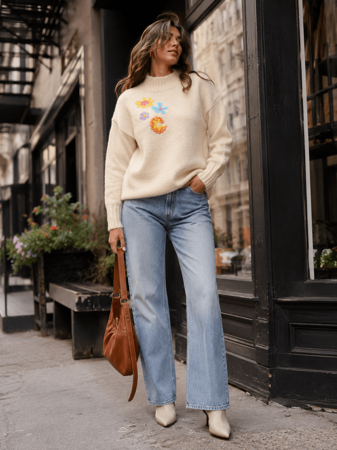 WOMEN'S LONG SLEEVE MOCK NECK EMBROIDERY FLOWERS PULLOVER SWEATER
