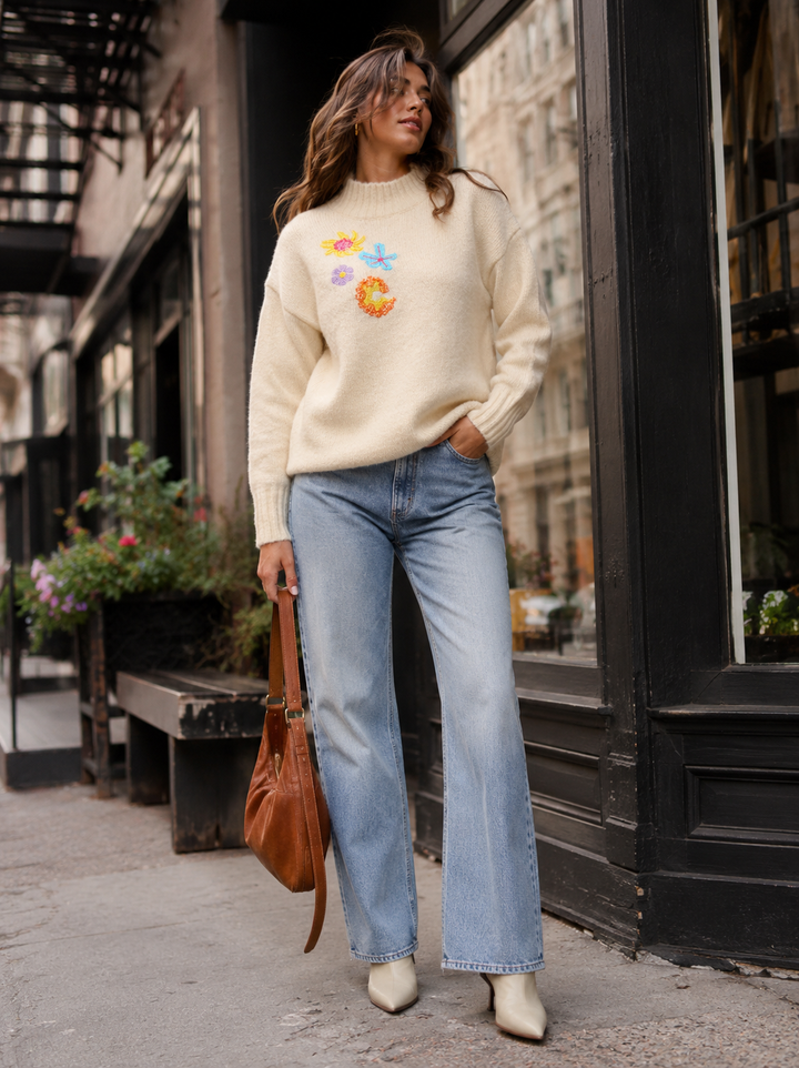 WOMEN'S LONG SLEEVE MOCK NECK EMBROIDERY FLOWERS PULLOVER SWEATER
