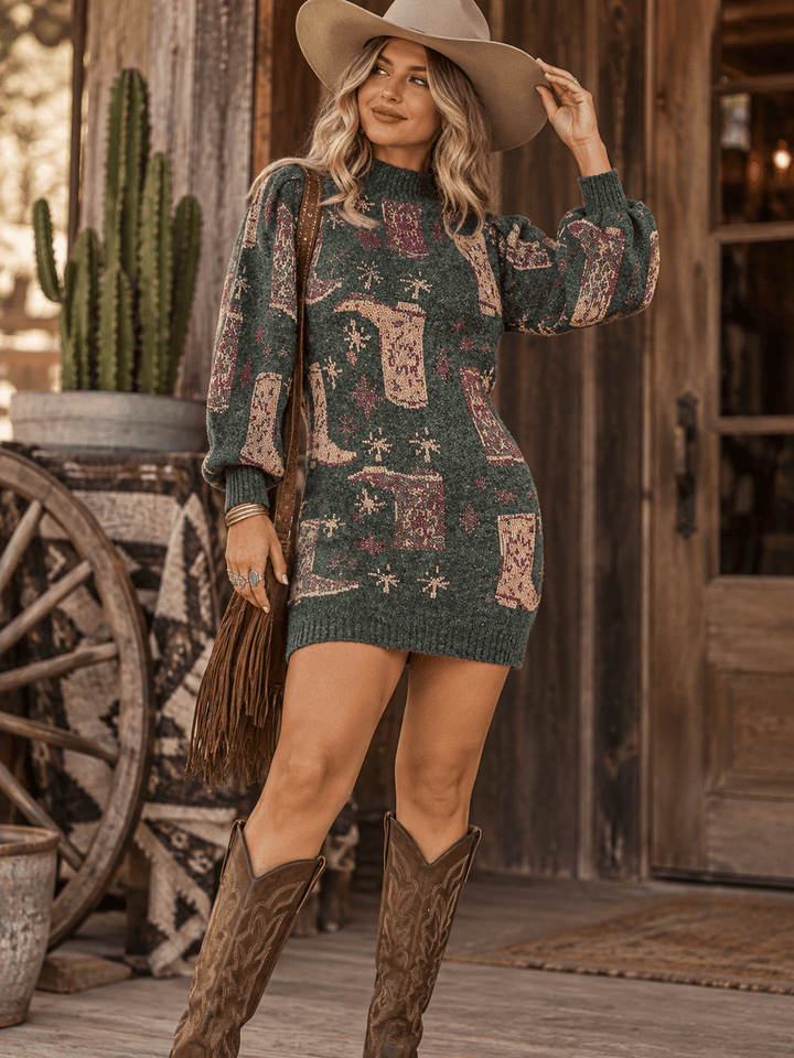 WOMEN'S LONG SLEEVE MOCK NECK MULTI PRINT SWEATER MINI DRESS