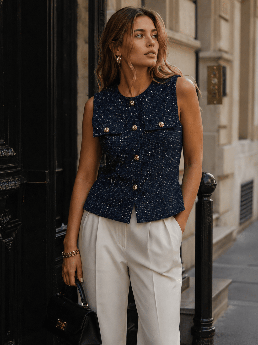 WOMEN'S SLEEVELESS BUTTON UP SEQUINS TOP