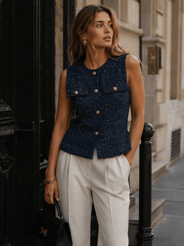 WOMEN'S SLEEVELESS BUTTON UP SEQUINS TOP